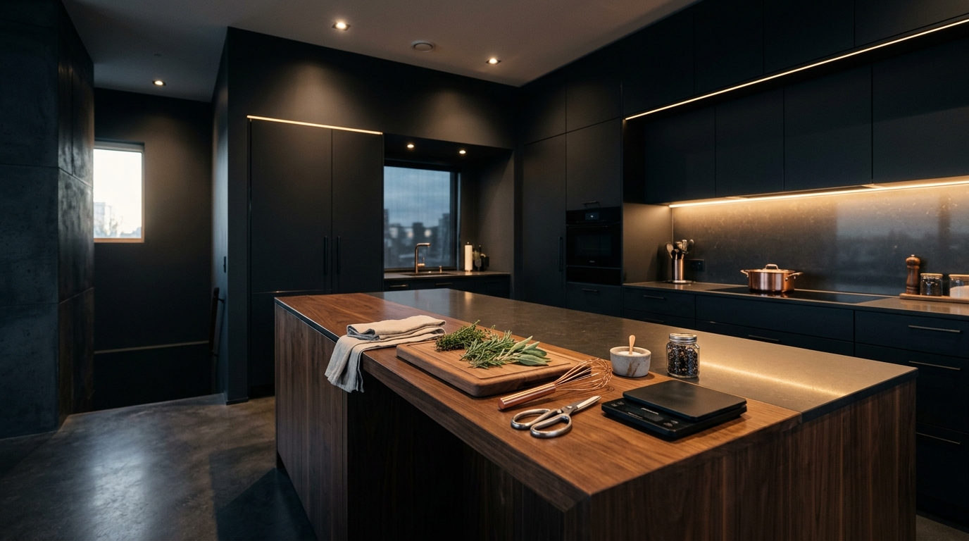 Kitchen island set with a digital scale, kitchen shears and fresh herbs