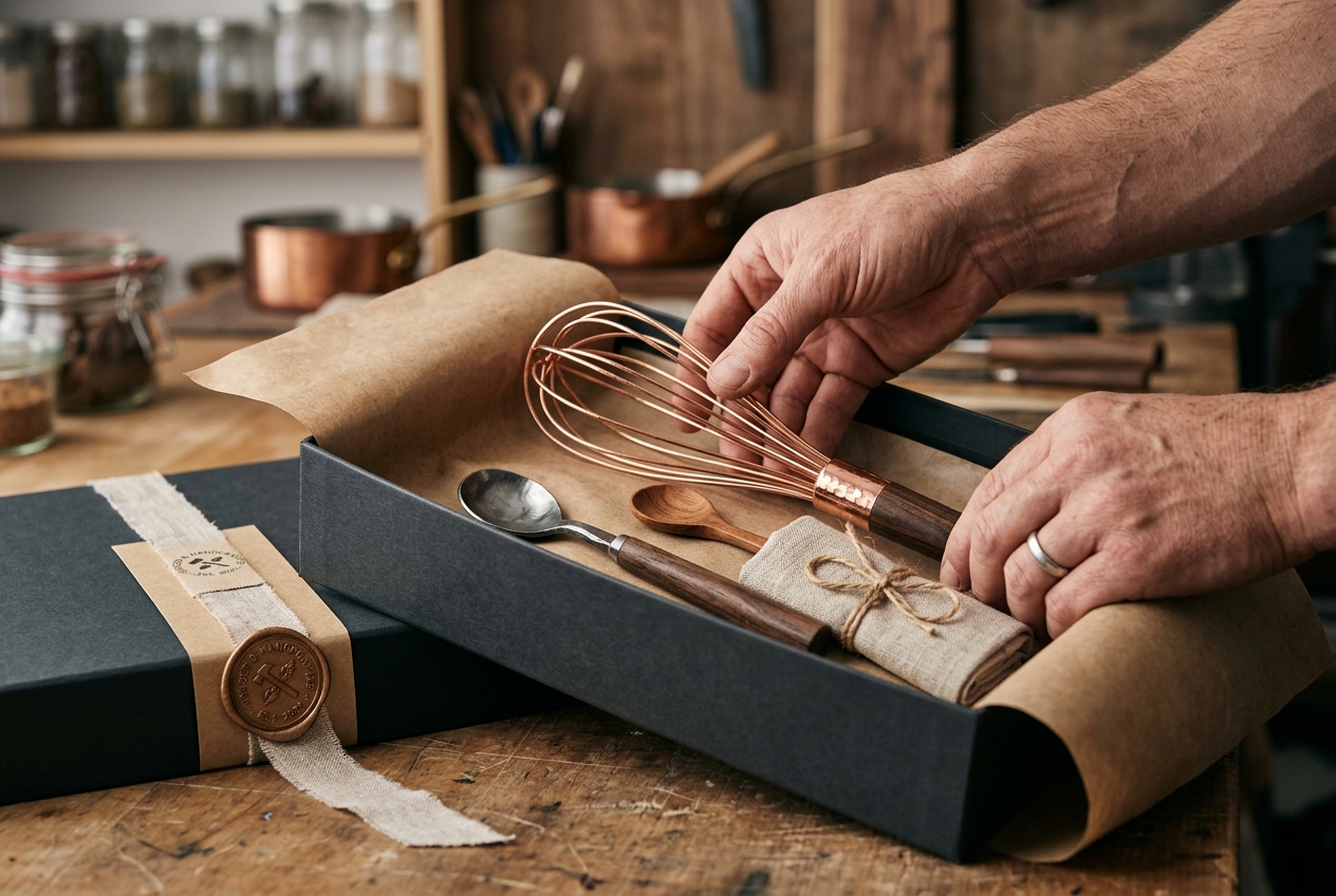 Kitchen tools being packed into a gift box